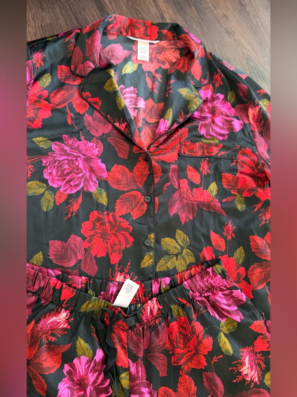 Victoria's Secret Black Satin Pajama Set with Red & Pink Floral Print